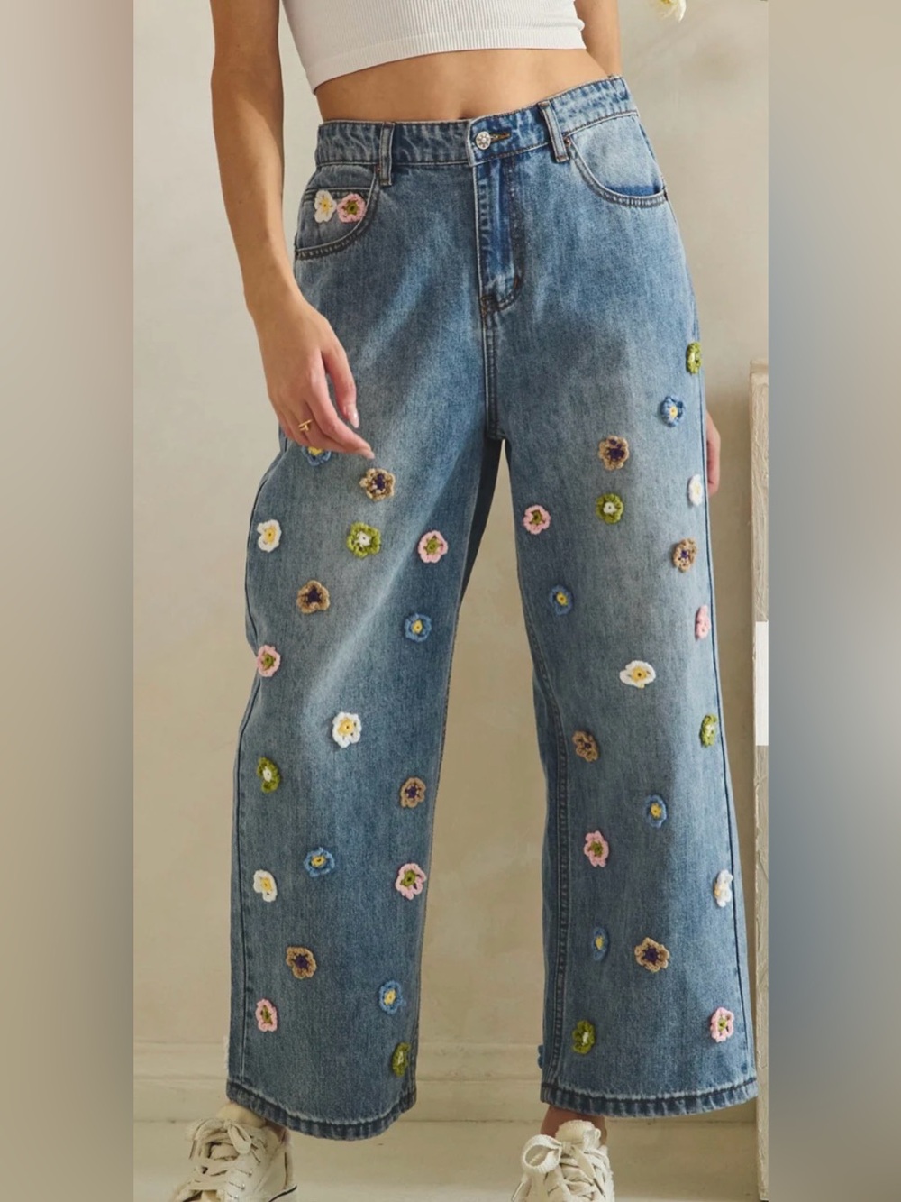 Oli & Hali FLORAL 3D CROCHET DENIM PANTS